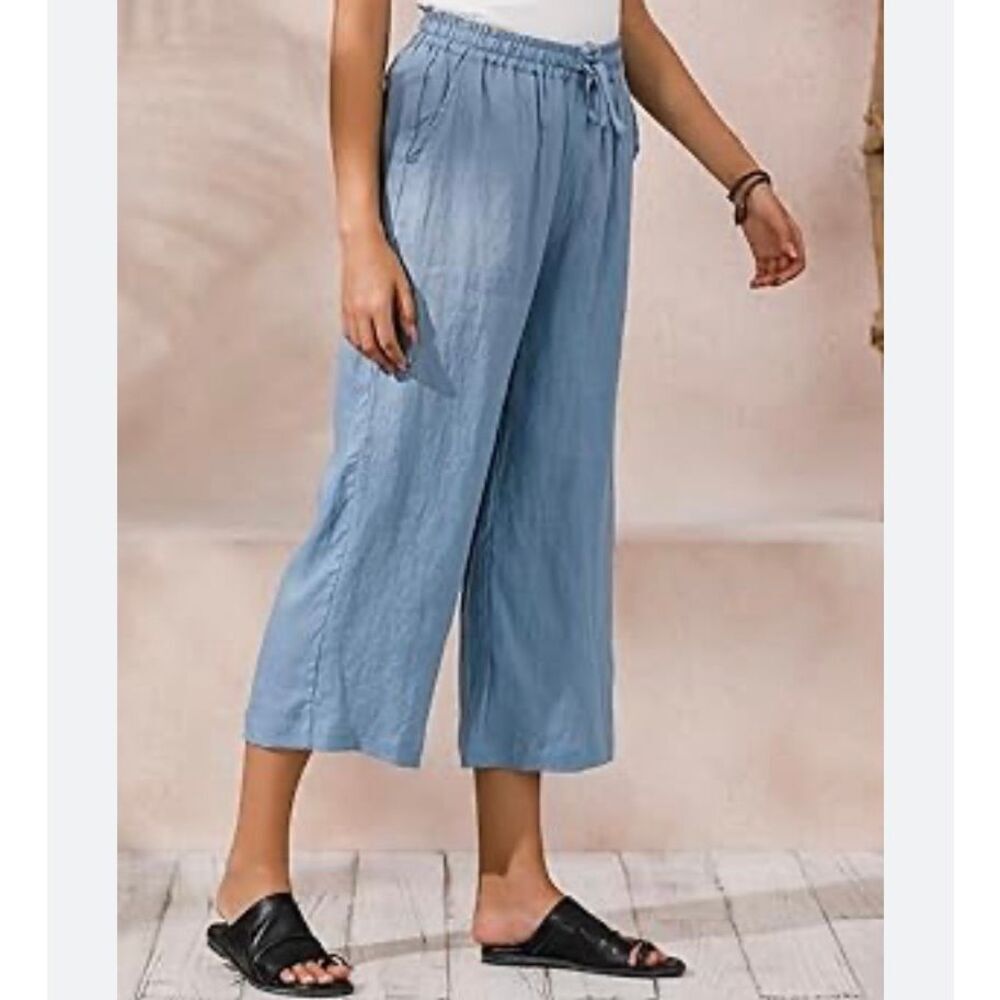 Ecupper women’s plus size blue linen blend wide, leg Capri 5X